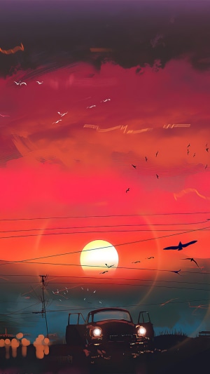 Digital art of a vintage car at sunset with birds