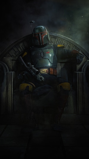 Boba Fett from Star Wars sitting on a throne