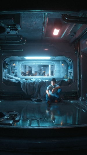 Man sitting in a futuristic room with a city view