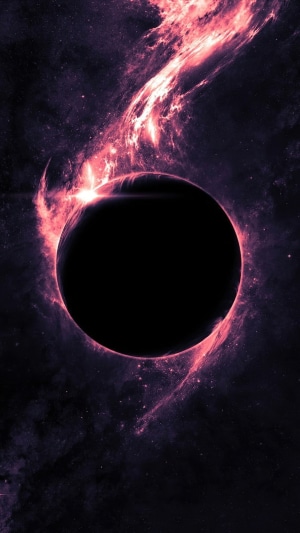 Digital art of a black planet in space with pink nebula