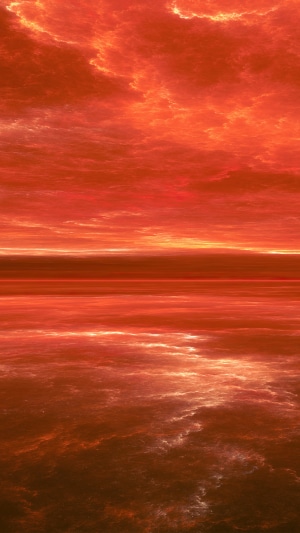 Digital art of a fiery sky over water