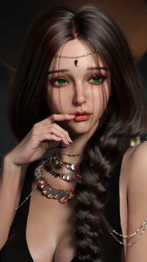 Fantasy girl with green eyes and ornate jewelry