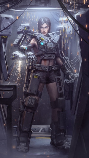Cyborg woman in a workshop