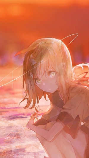 Anime girl with halo in sunset