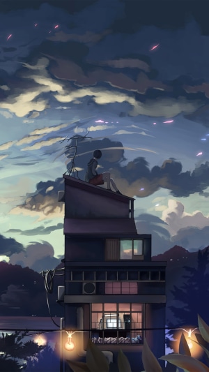 Anime artwork of a person sitting on a rooftop at dusk