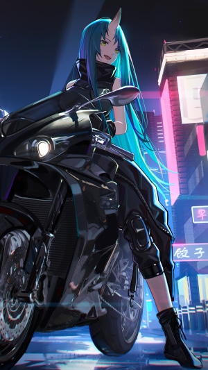 Anime girl with horn and blue hair on a motorcycle