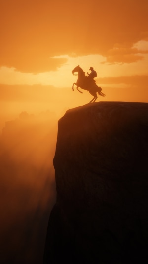Silhouette of a cowboy on a horse rearing on a cliff edge at sunset