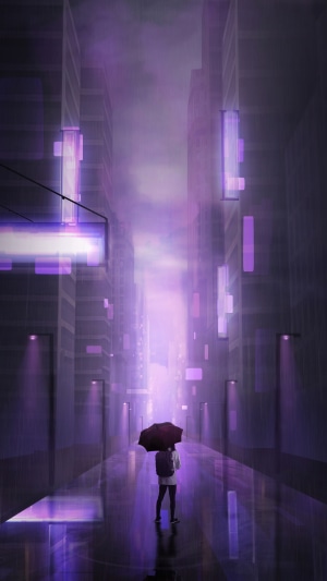 Person with umbrella in a purple neon city street