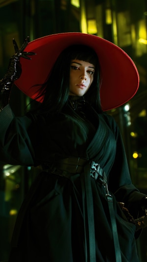 Woman in black with red hat