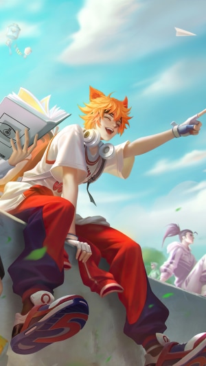 Anime boy with orange hair and cat ears holding a book