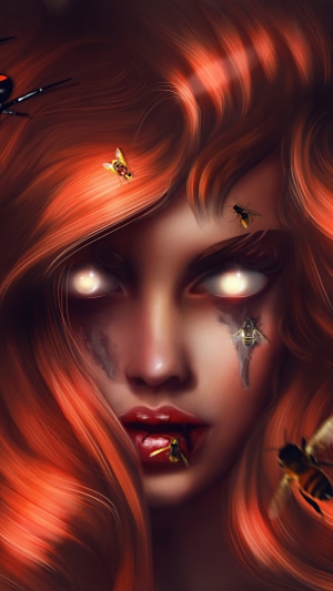 Digital art portrait of a woman with red hair and insects