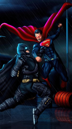 Batman and Superman fighting in the rain