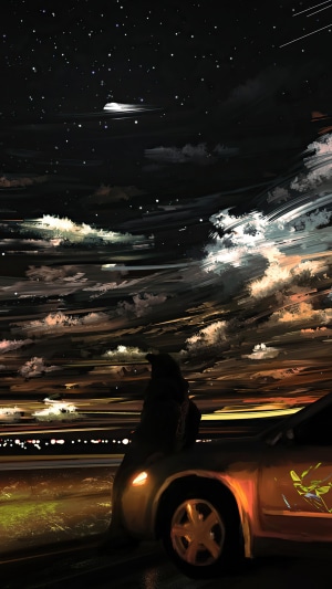 Person sitting on a car under starry sky