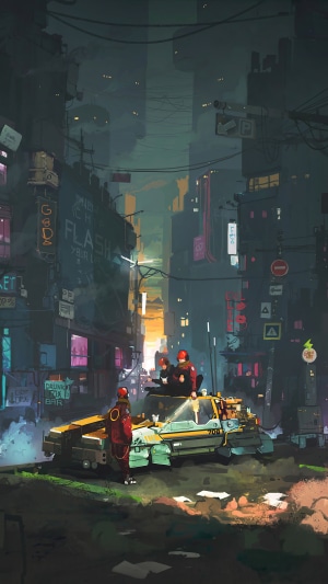 Cyberpunk city street with futuristic taxi and figures