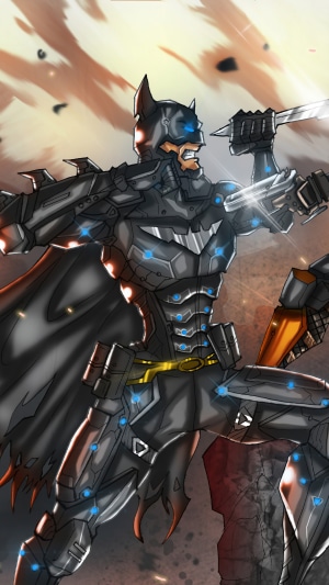 Batman in futuristic armor holding a knife