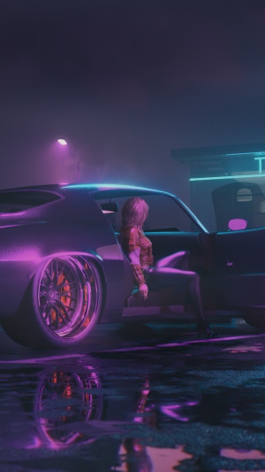 Woman in car with neon lights