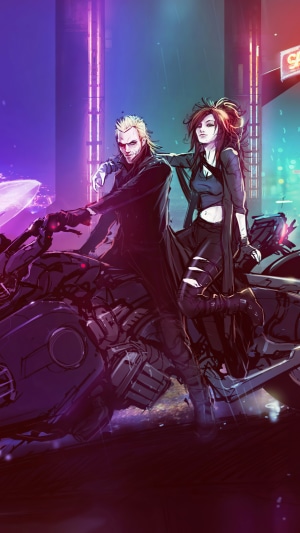 Sci-fi artwork of a couple on a motorcycle