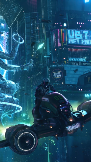 Cyberpunk City with Rider on Hoverbike