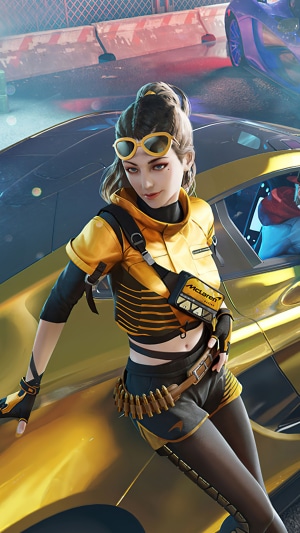 Girl in McLaren Racing outfit with sports car