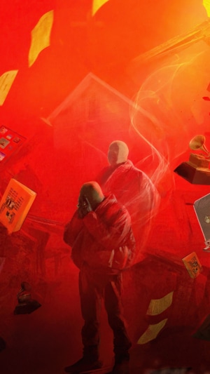 Artwork of two figures in red suits