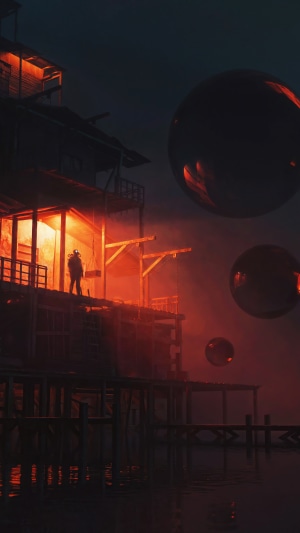 Man on a platform with floating orbs