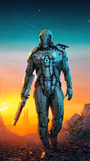 Robot Soldier with Rifle on Alien Planet 4K