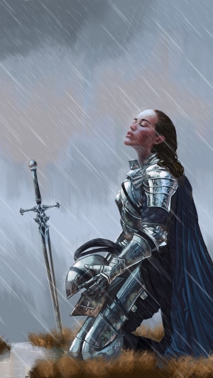 Knight kneeling in the rain with sword and helmet