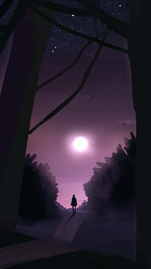Person walking towards moon in forest