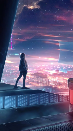 Girl overlooking a futuristic city at night