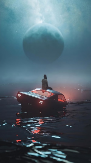 Person sitting on a car in water under a large moon