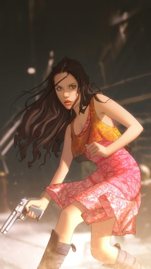 Woman with a gun in a pink dress
