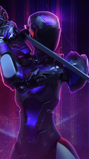 Sci-fi warrior with katana in purple lighting