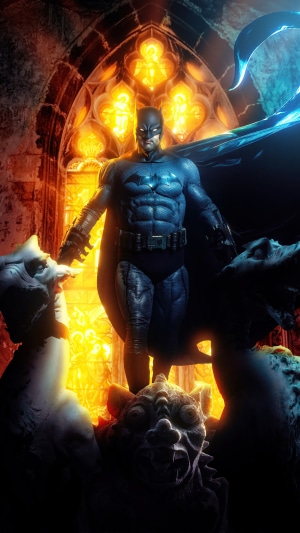Batman in a gothic cathedral with stained glass