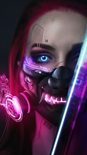 Cyberpunk woman with glowing katana and mask