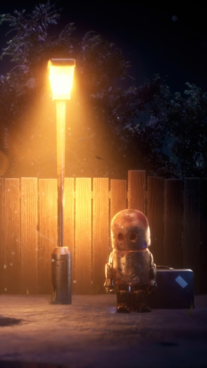 Robot with suitcase by lamppost at night