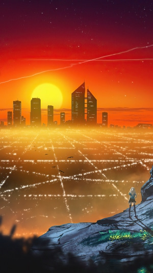 Girl overlooking a futuristic city at sunset