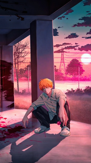 Denji from Chainsaw Man crouching with a lollipop