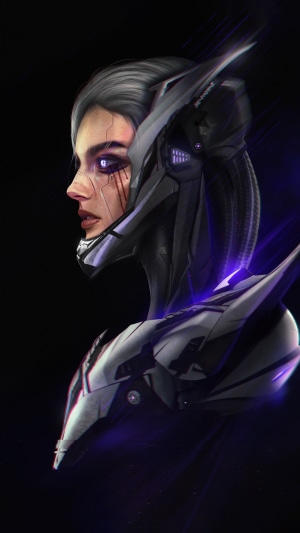Cyberpunk woman with glowing eyes and mechanical parts
