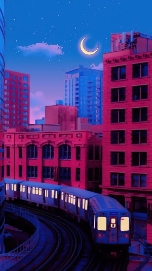 Train in a neon city at night