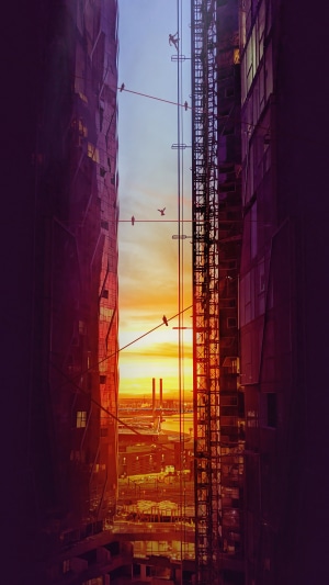 Digital art of people on wires between buildings at sunset