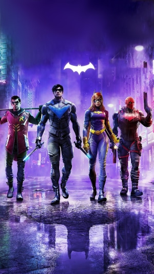 Gotham Knights characters walking in a purple city
