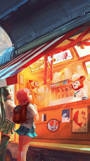 Anime girls at a food stall with a bear mascot