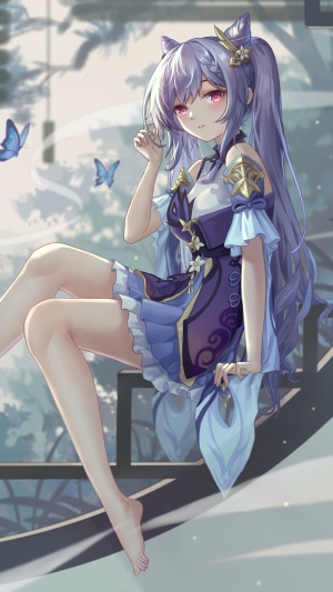 Keqing from Genshin Impact with butterflies