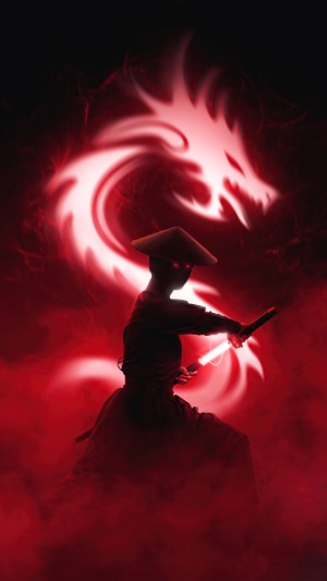 Warrior with glowing swords and dragon art