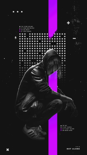 Man in hoodie with digital face and purple light