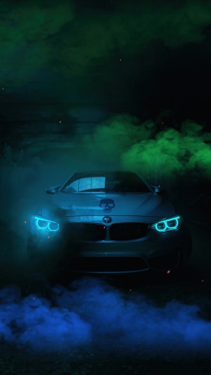 BMW car with skull emblem and neon lights