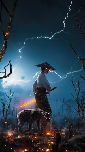 Samurai with katana and hyena in a stormy landscape