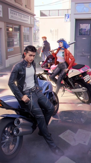 Bikers with motorcycles on a street
