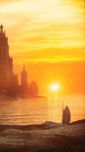 Wizard by a castle at sunset