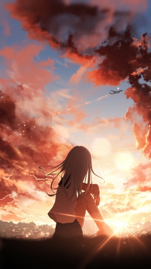 Anime girl watching airplane in sunset sky 4K